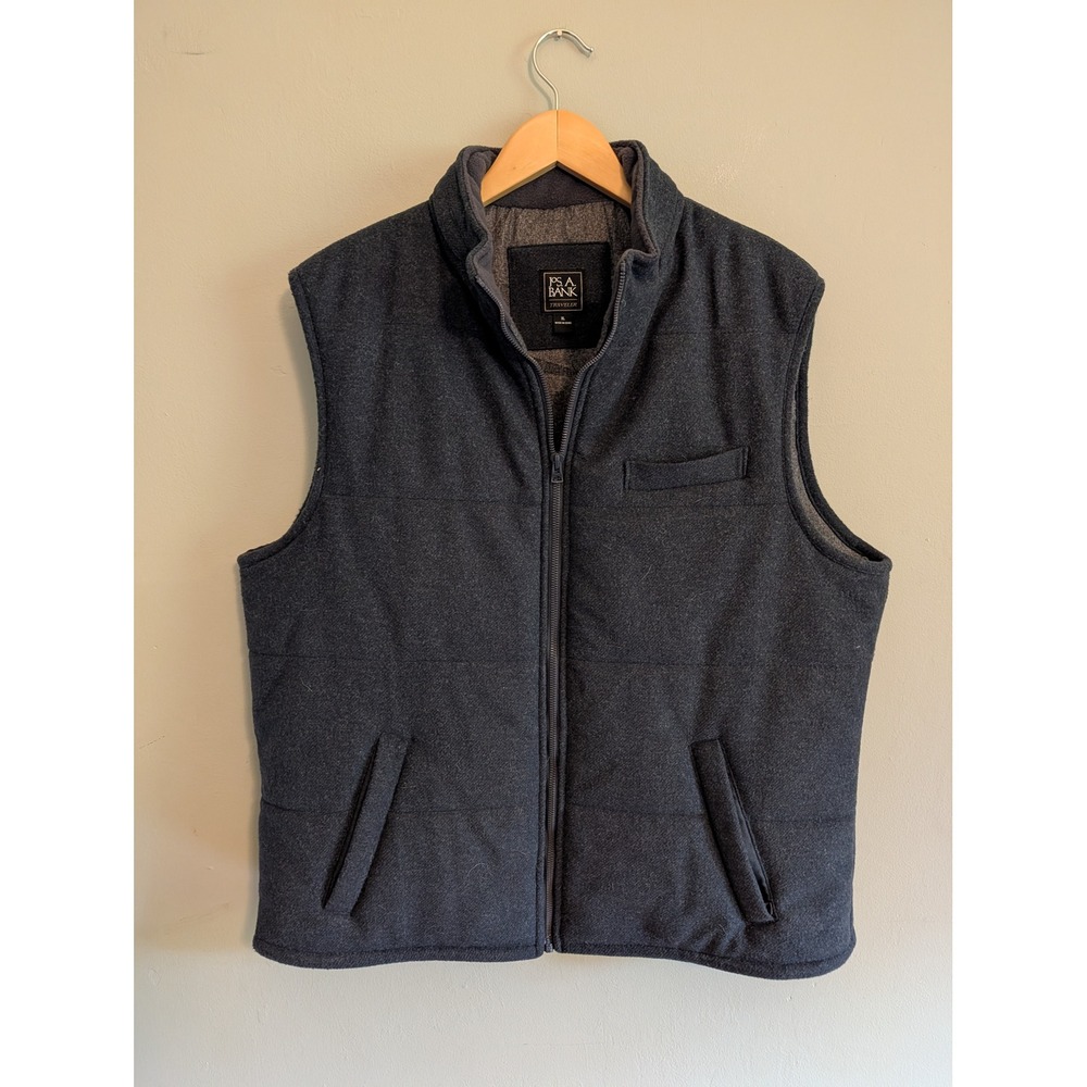 Jos. A. Bank Traveler Mens XL Charcoal Gray Wool Blend Puffer Vest Hidden Hood